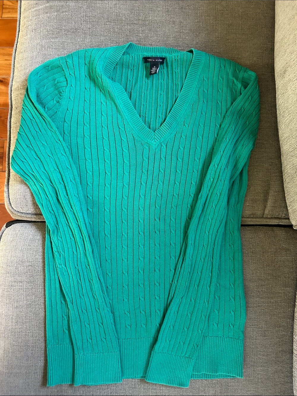 Tommy Hilfiger Teal Cable-Knit V-Neck Sweater